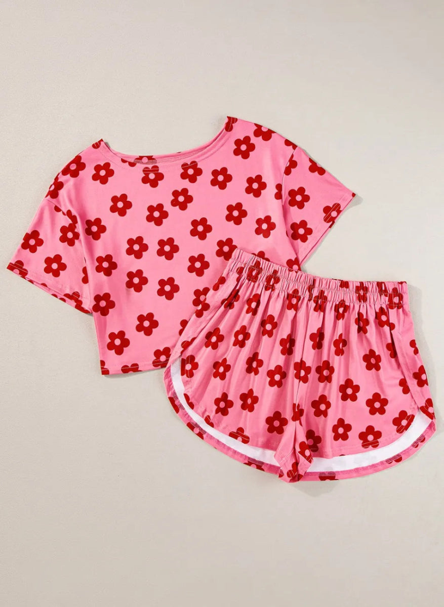 Floral Cropped Tee and Shorts Lounge Set - Easy Pickins Store