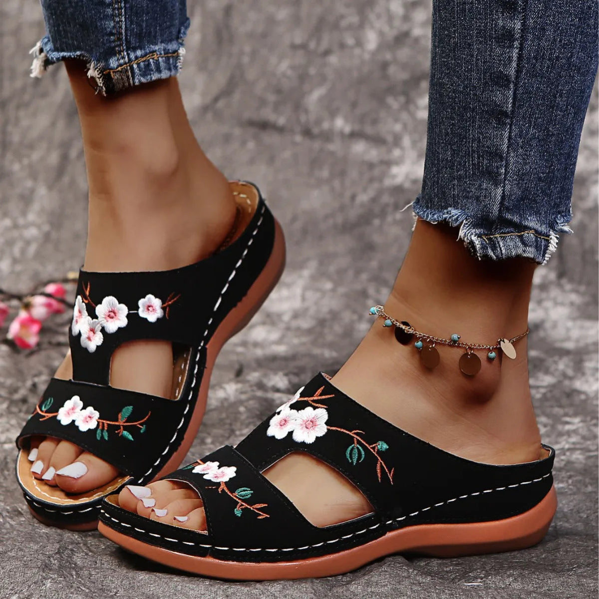 Floral Embroidered Cutout Sandals - Easy Pickins Store