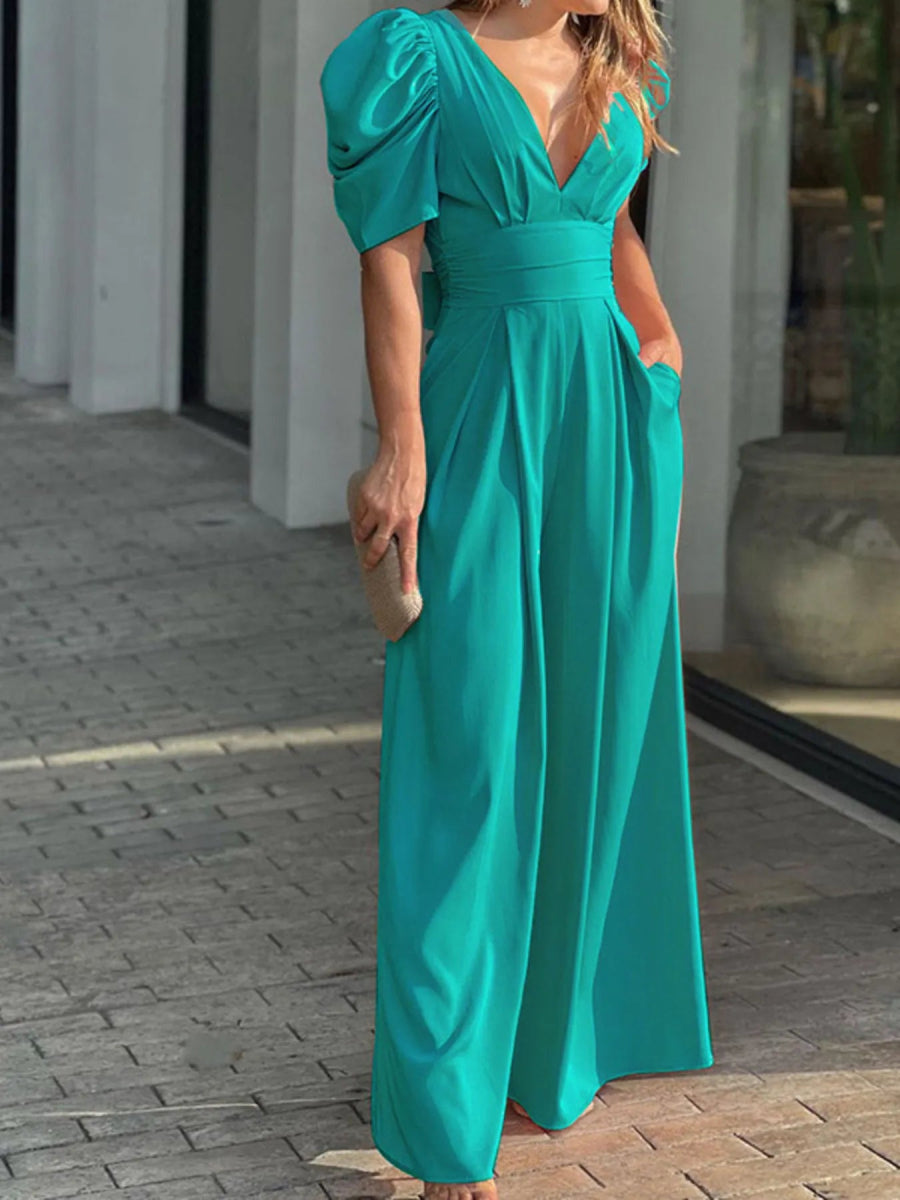 Full Size Cutout V - Neck Puff Sleeve Jumpsuit Plus Size - Easy Pickins Store