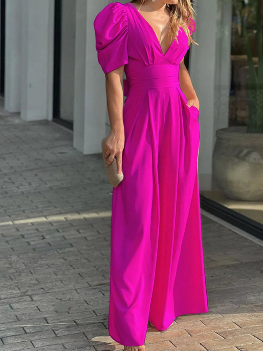 Full Size Cutout V - Neck Puff Sleeve Jumpsuit Plus Size - Easy Pickins Store