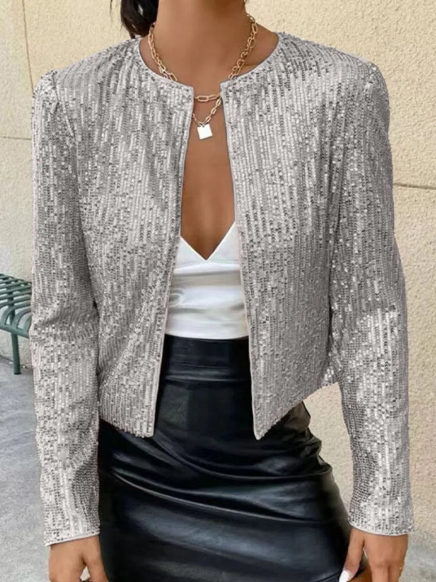 Full Size Sequin Open Front Cropped Jacket - Easy Pickins Store