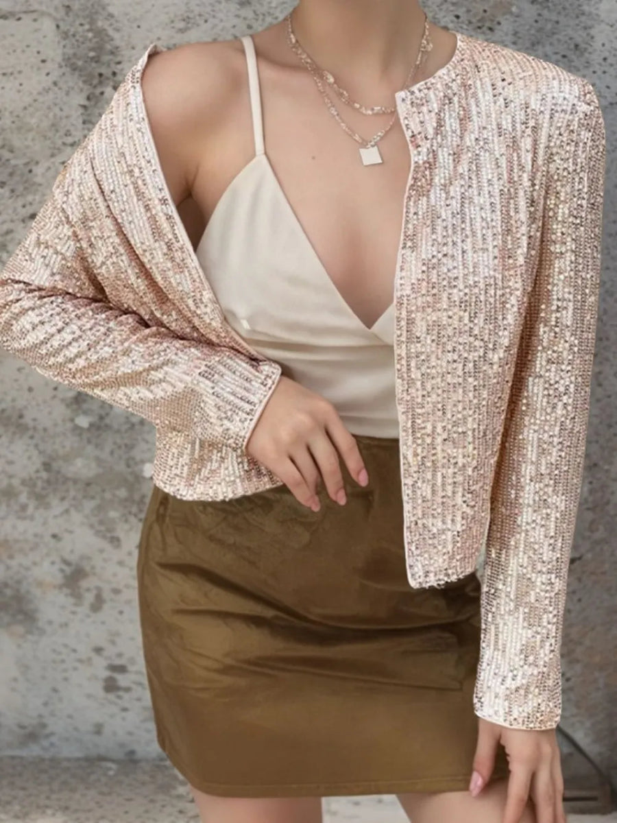 Full Size Sequin Open Front Cropped Jacket - Easy Pickins Store