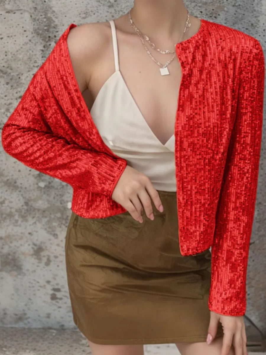 Full Size Sequin Open Front Cropped Jacket - Easy Pickins Store