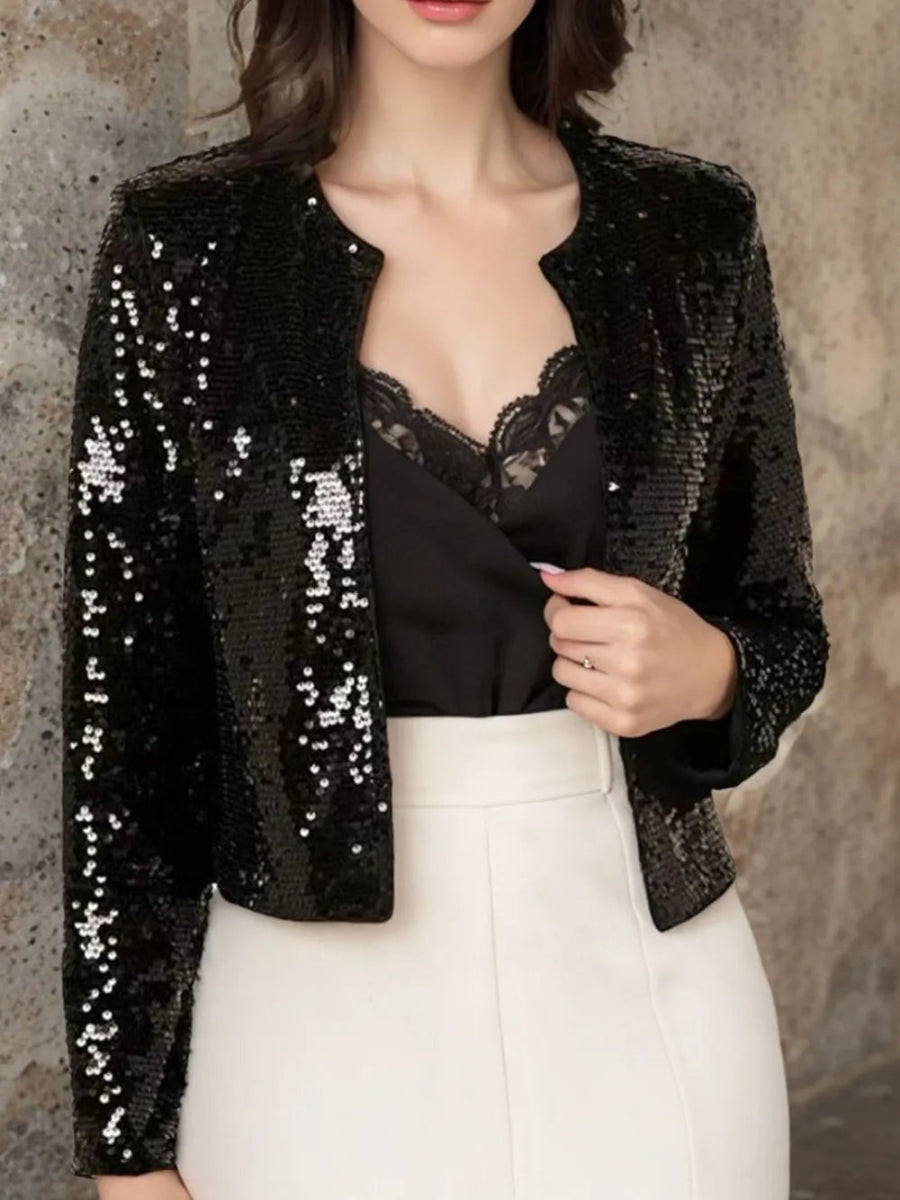 Full Size Sequin Open Front Cropped Jacket - Easy Pickins Store