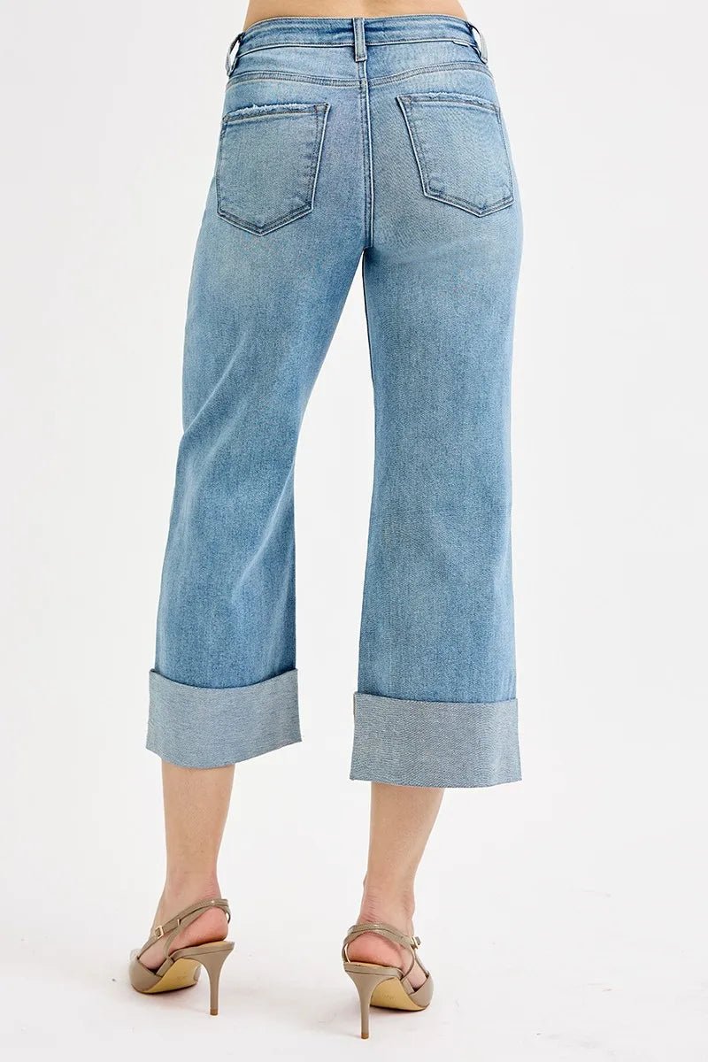 Full Size Tummy Control High Rise Ankle Wide Cuffed Jeans - Easy Pickins Store