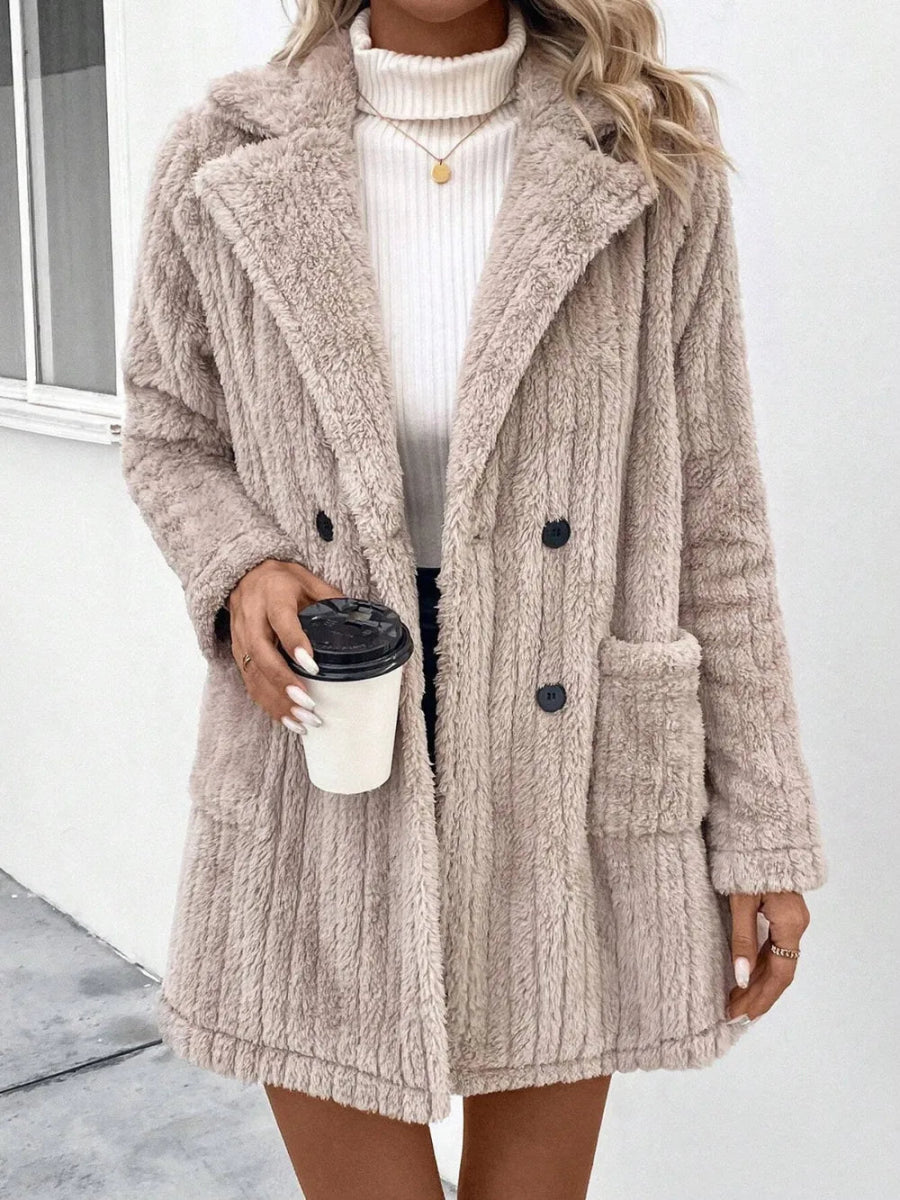 Fuzzy Button Up Long Sleeve Coat with Pockets - Easy Pickins Store