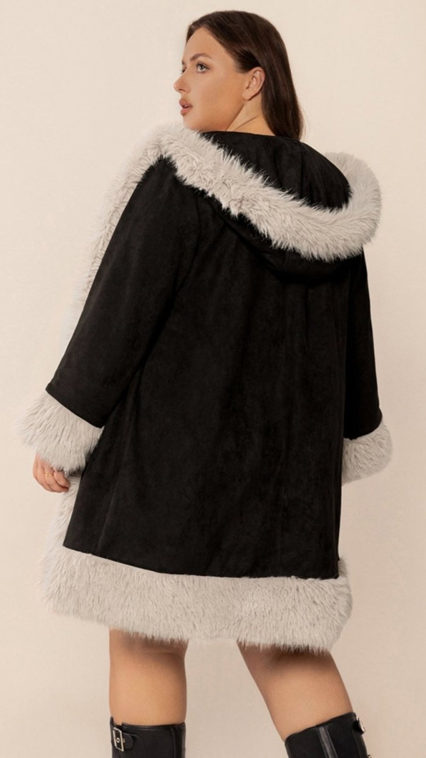 Fuzzy Trim Open Front Long Sleeve Hooded Coat - Easy Pickins Store