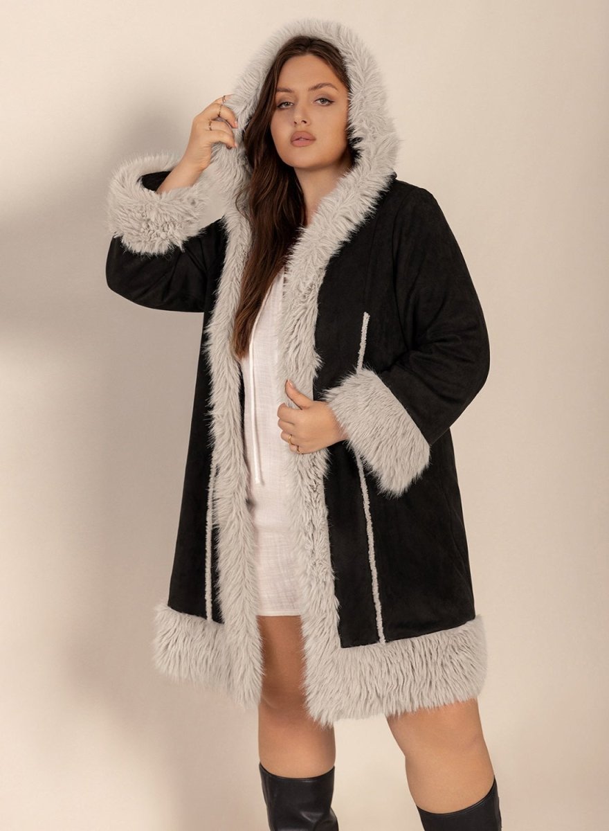 Fuzzy Trim Open Front Long Sleeve Hooded Coat - Easy Pickins Store