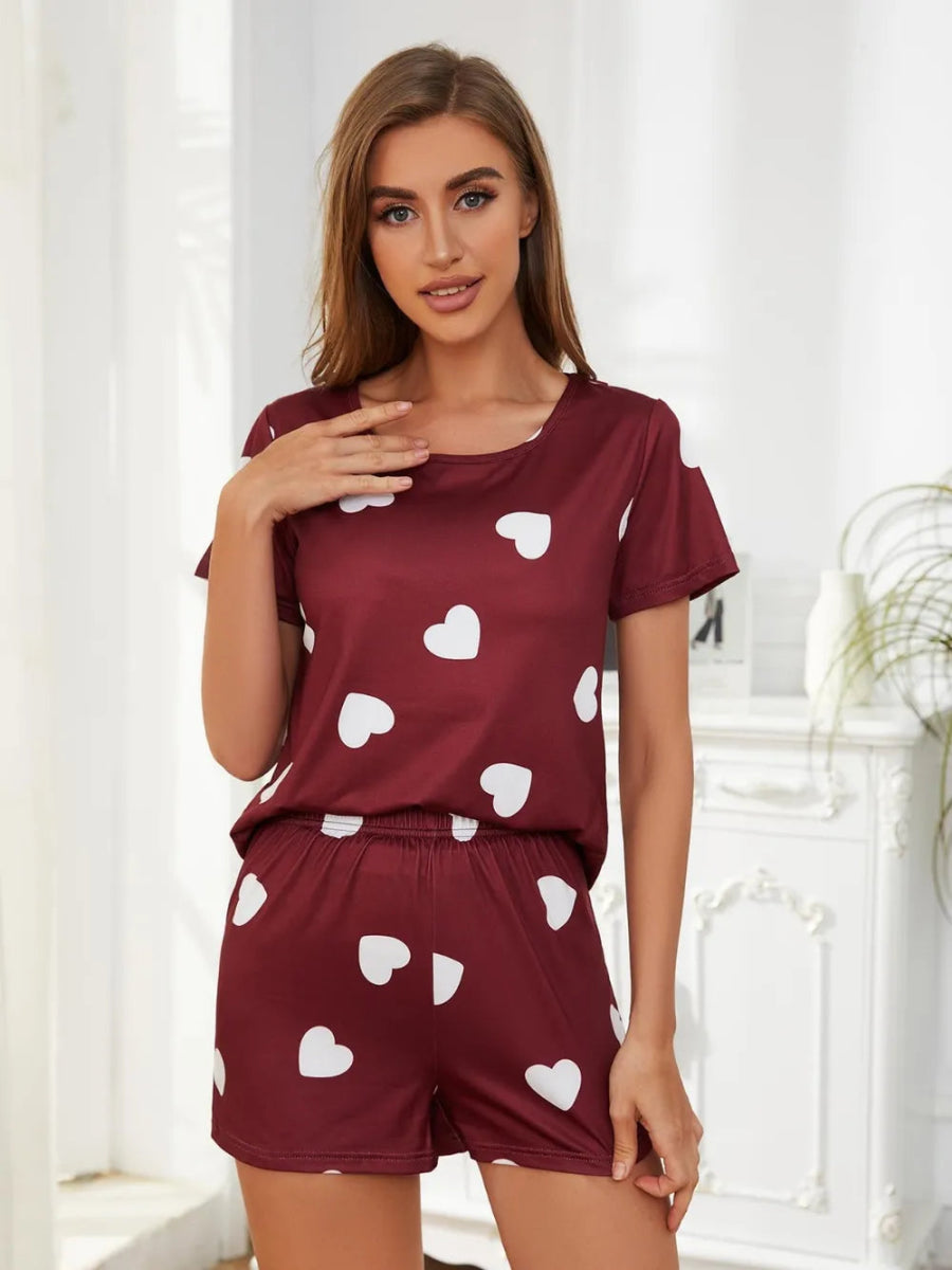 Heart Round Neck Top and Shorts Lounge Set - Easy Pickins Store