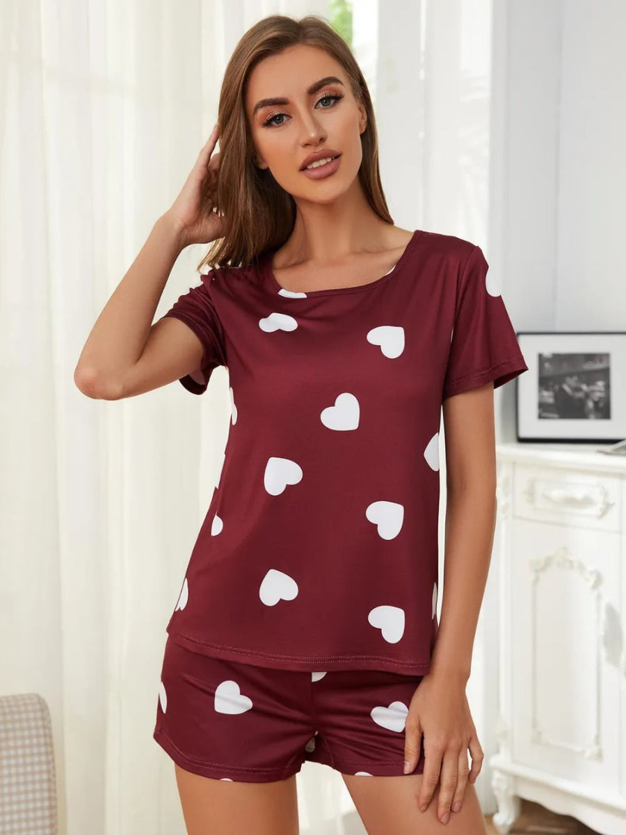 Heart Round Neck Top and Shorts Lounge Set - Easy Pickins Store