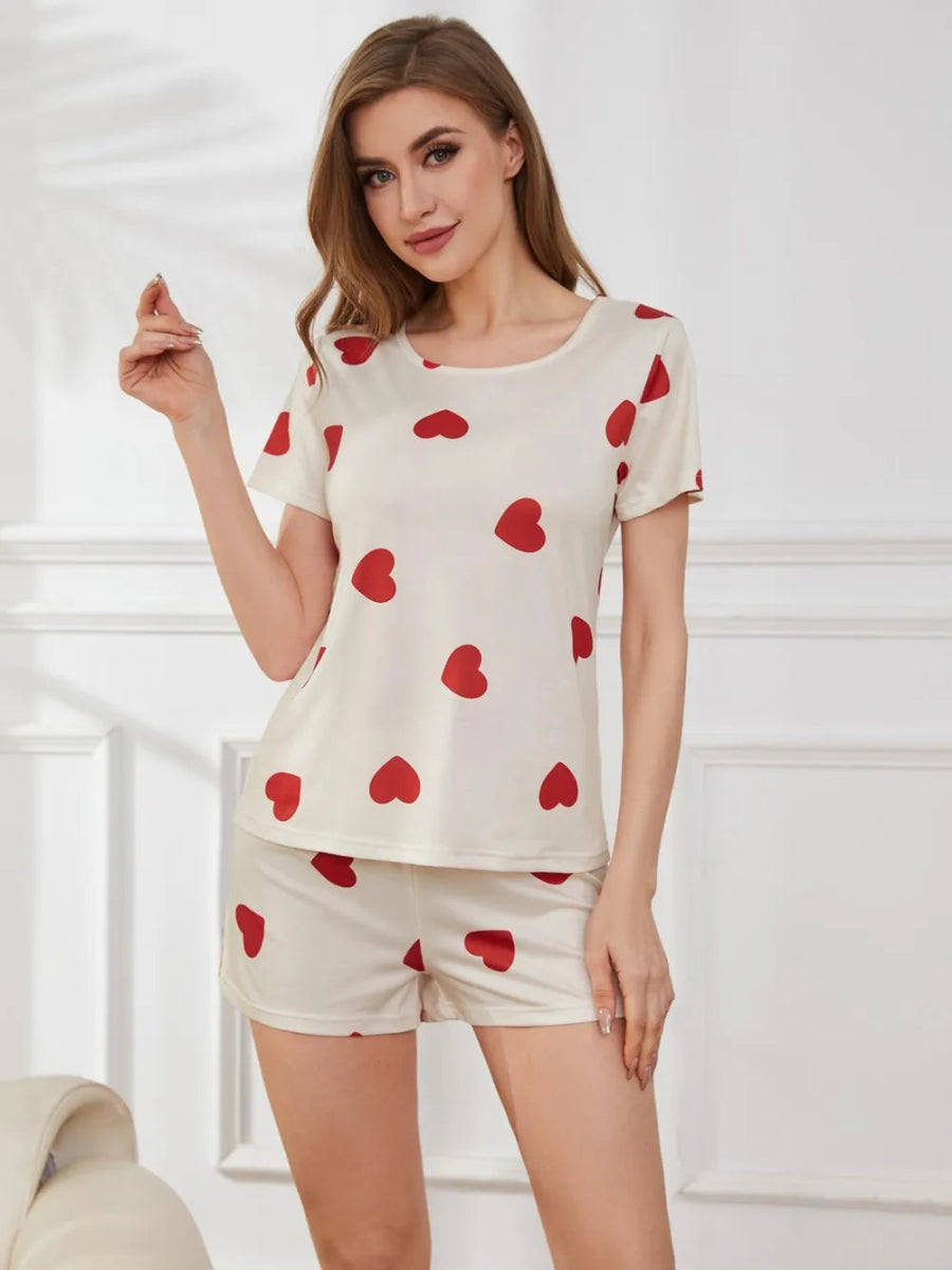 Heart Round Neck Top and Shorts Lounge Set - Easy Pickins Store