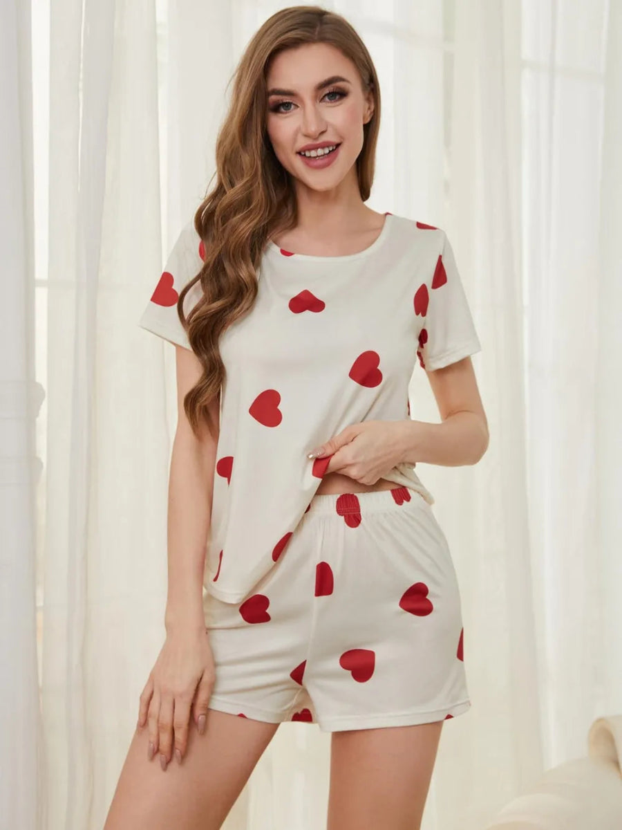 Heart Round Neck Top and Shorts Lounge Set - Easy Pickins Store