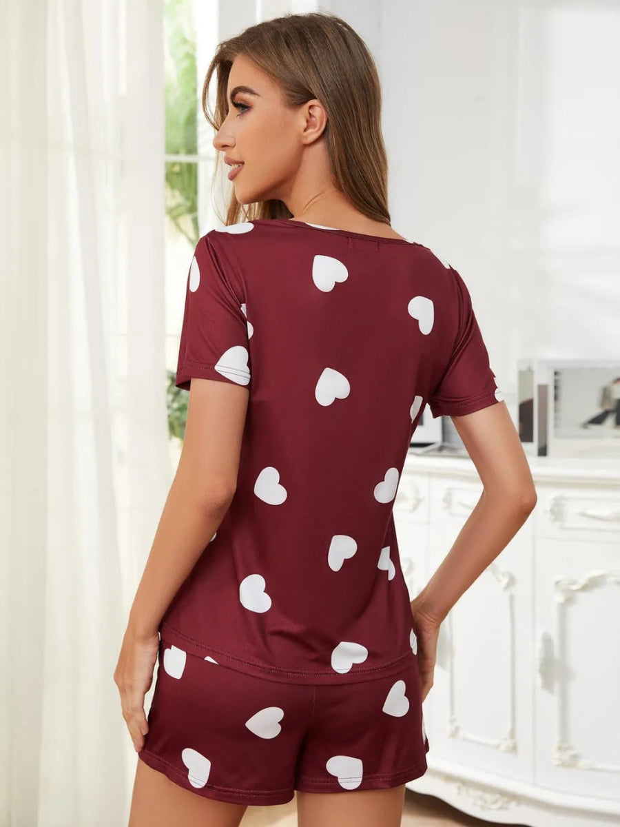 Heart Round Neck Top and Shorts Lounge Set - Easy Pickins Store