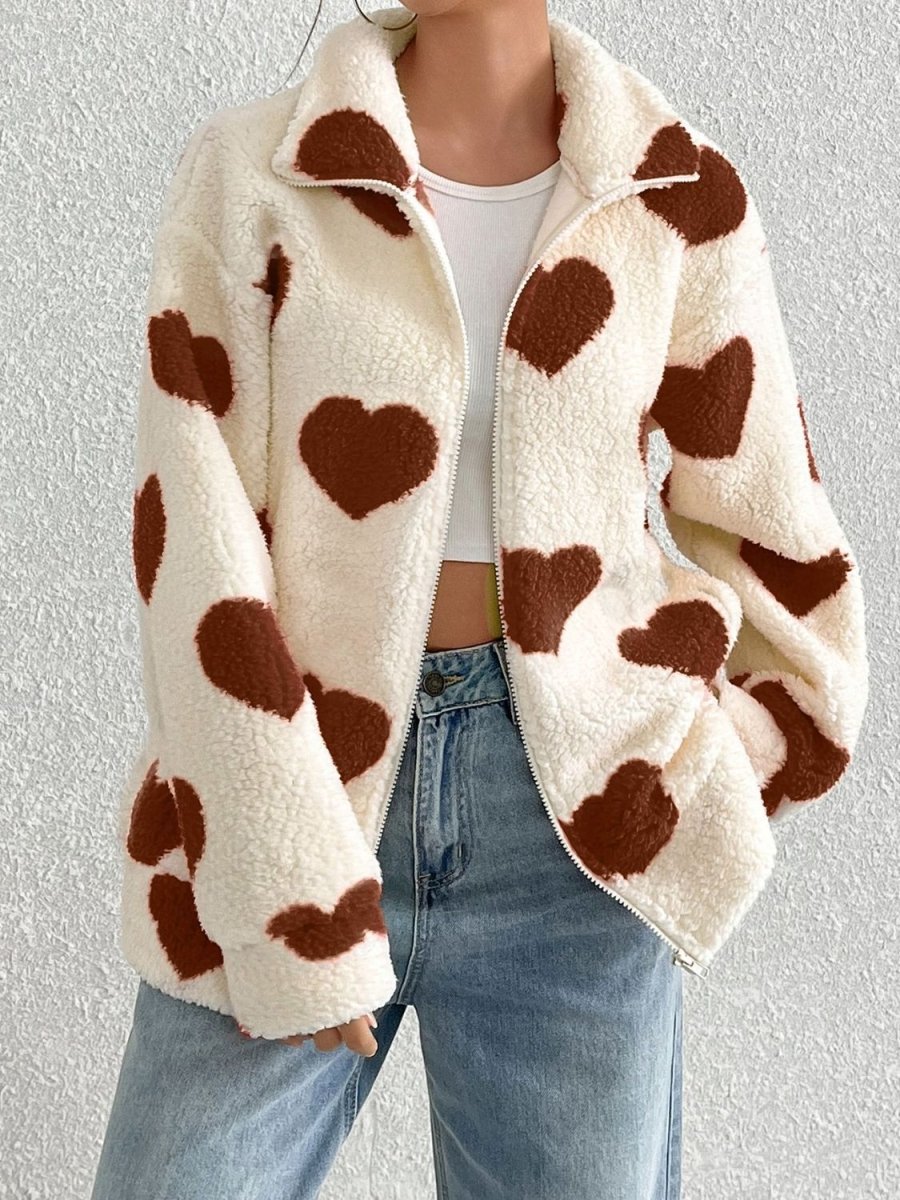 Heart Zip Up Drop Shoulder Furry Jacket - Easy Pickins Store