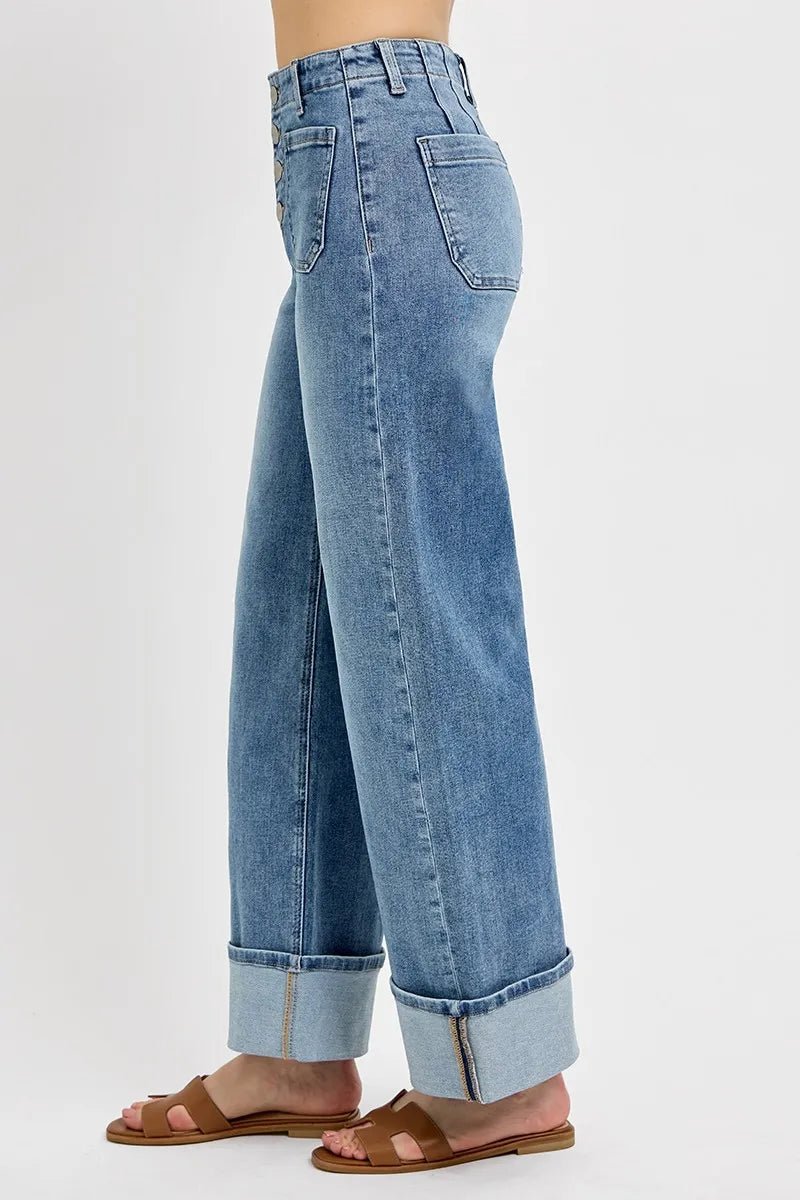 High Rise Ankle Wide Button Patch Pocket Cuffed Jeans - Easy Pickins Store