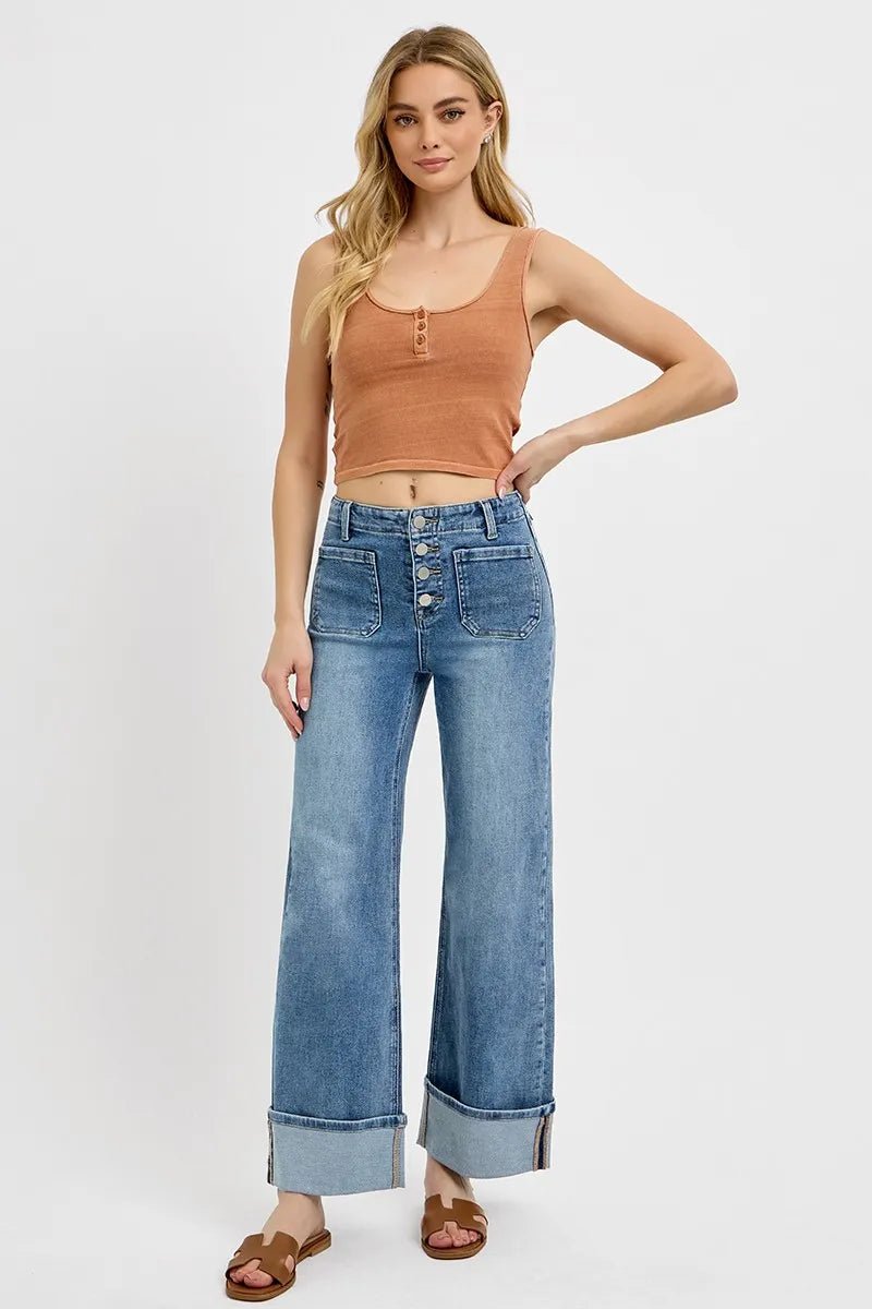 High Rise Ankle Wide Button Patch Pocket Cuffed Jeans - Easy Pickins Store