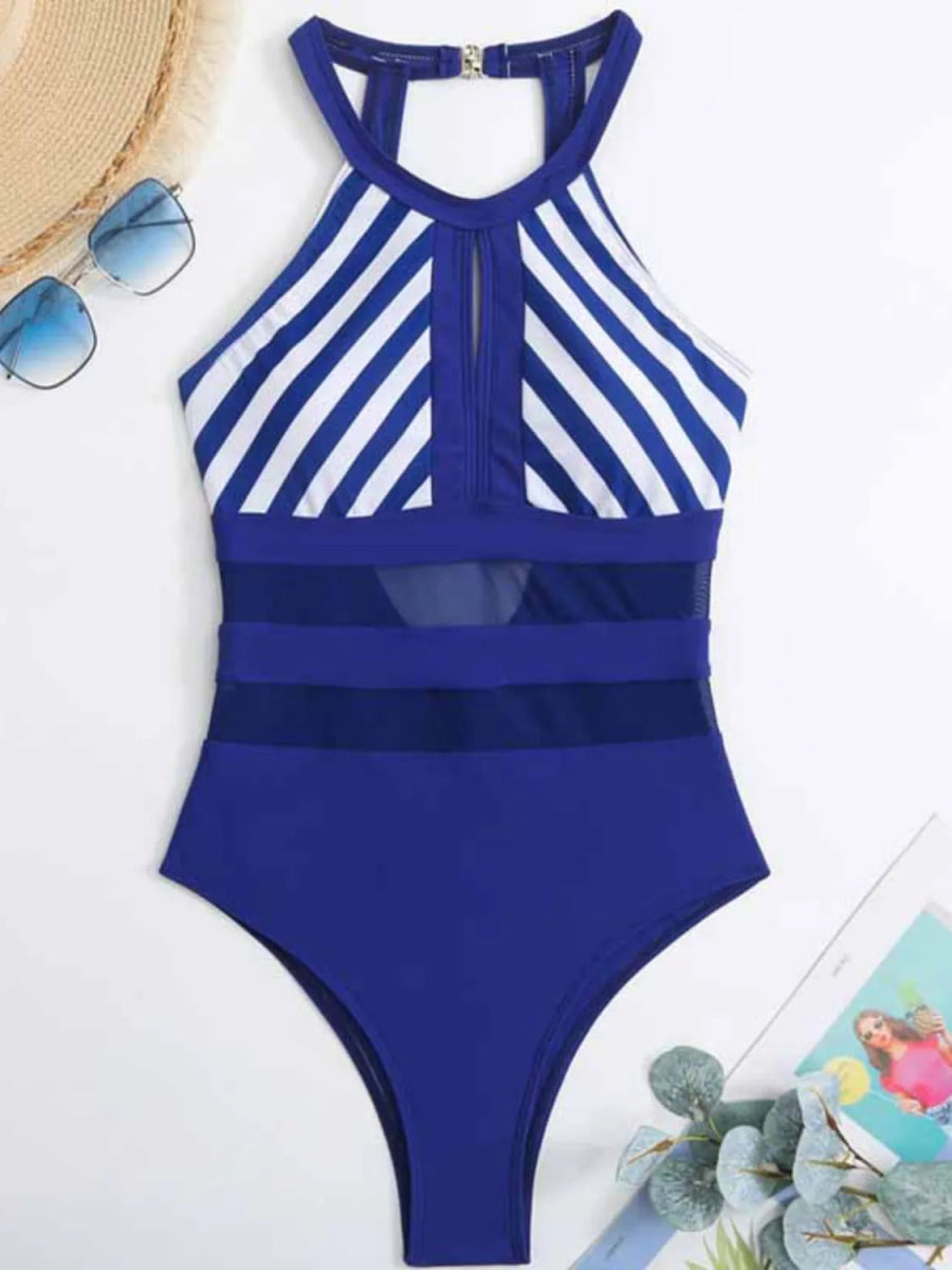 Mesh Detail Backless Striped One - Piece Swimsuit - Easy Pickins Store