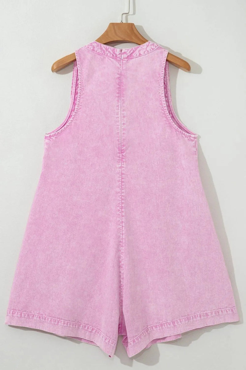 Mineral Wash Pleated Bust V Neck Sleeveless Denim Romper - Easy Pickins Store