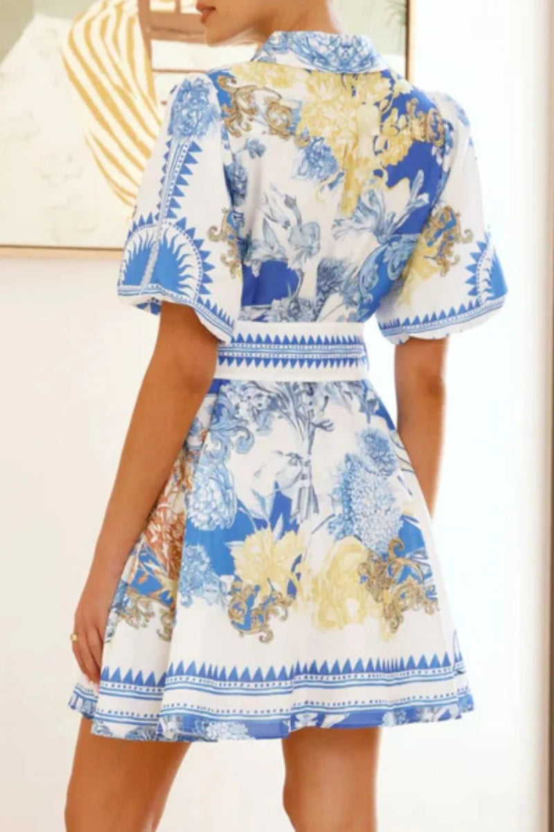 Printed Collared Neck Half Sleeve Dress - Easy Pickins Store