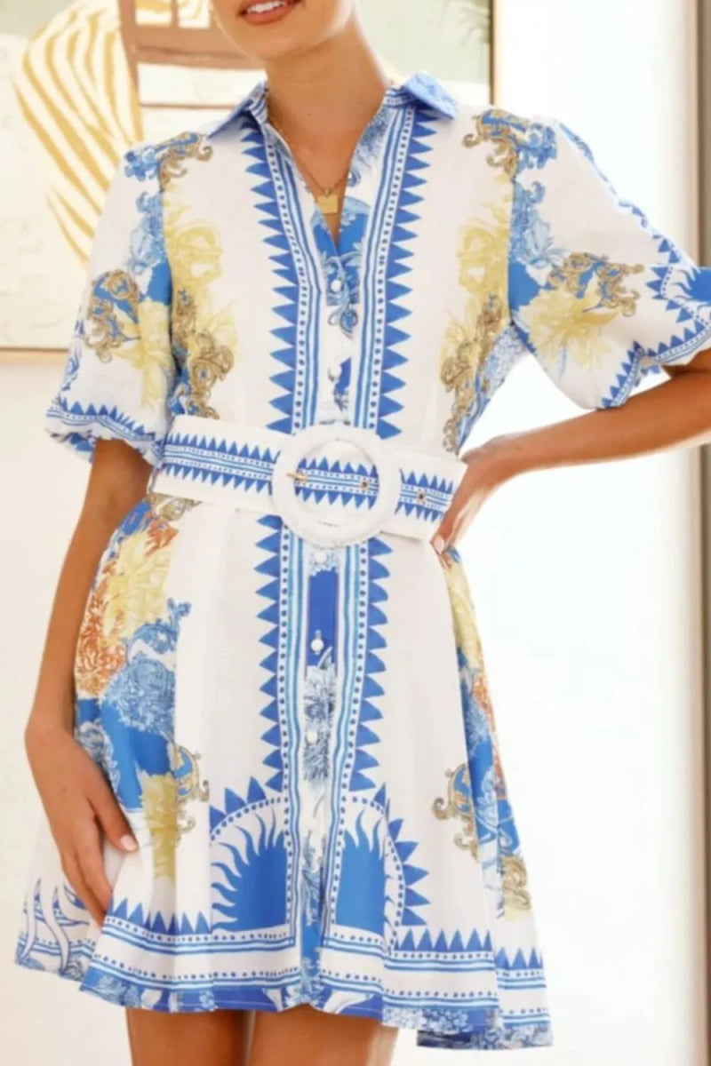 Printed Collared Neck Half Sleeve Dress - Easy Pickins Store