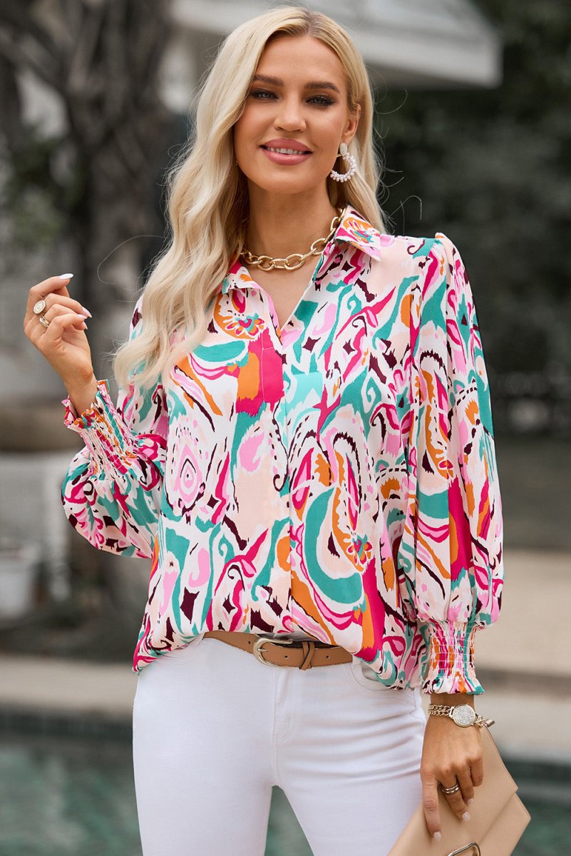 Printed Puff Sleeve Collared Blouse - Easy Pickins Store