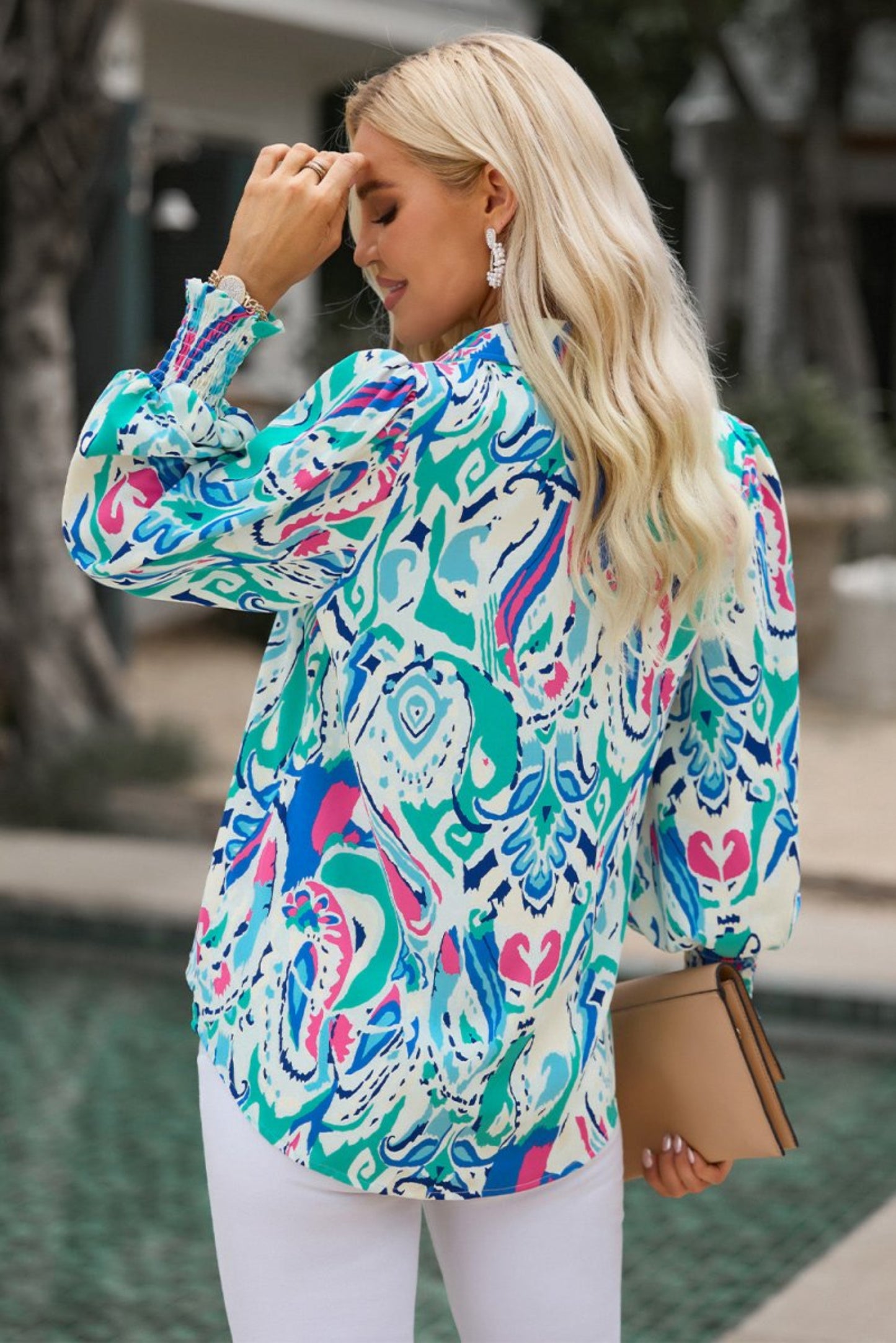 Printed Puff Sleeve Collared Blouse - Easy Pickins Store