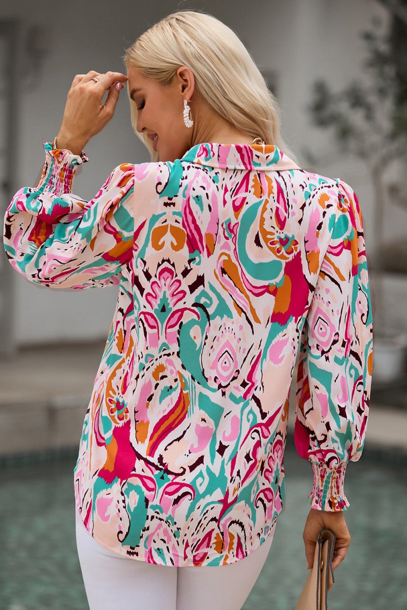 Printed Puff Sleeve Collared Blouse - Easy Pickins Store