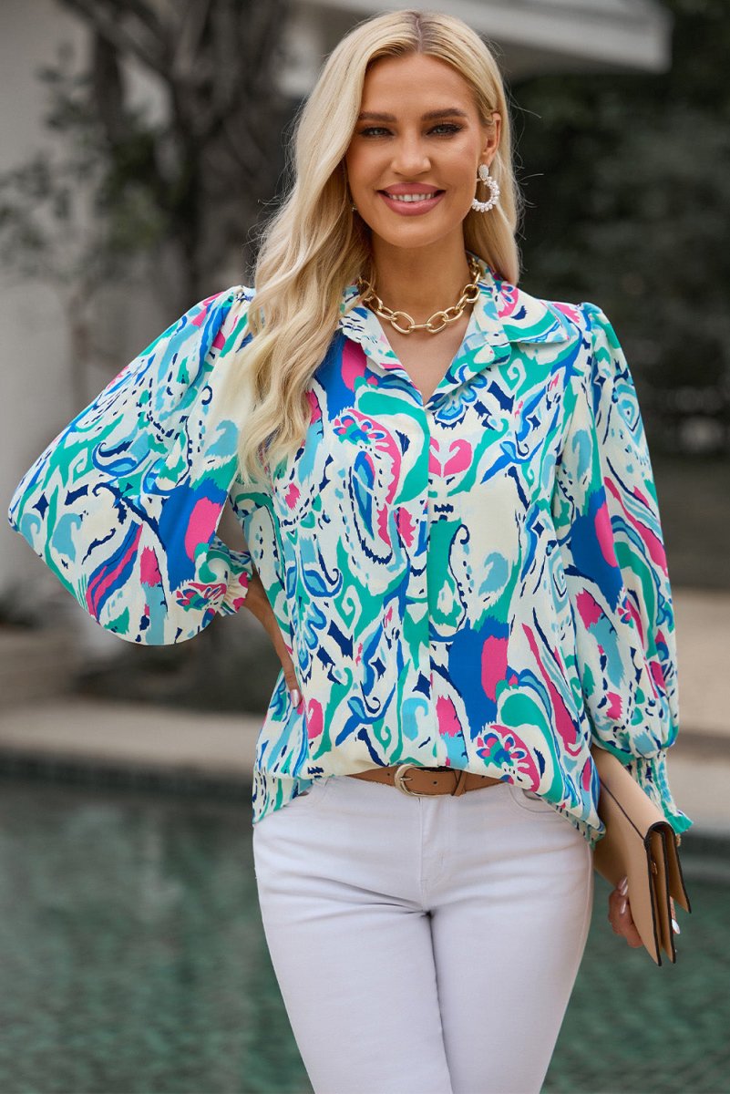 Printed Puff Sleeve Collared Blouse - Easy Pickins Store