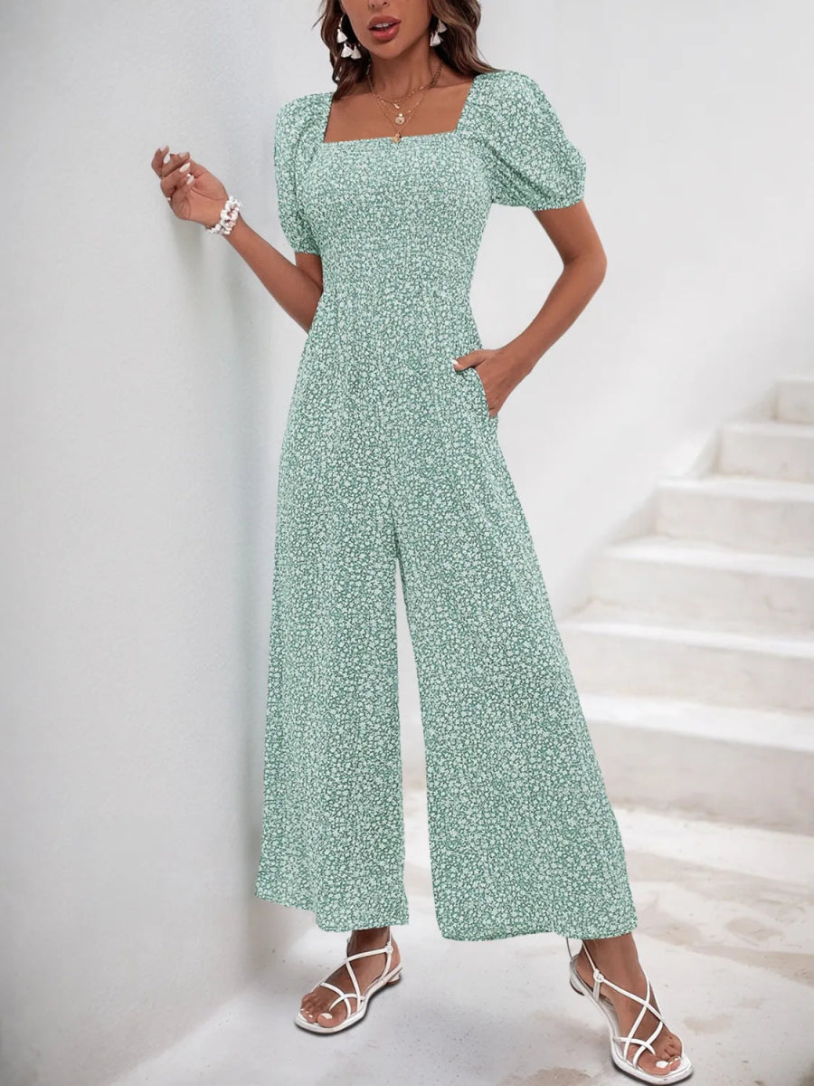 Printed Square Neck Puff Sleeve Jumpsuit - Easy Pickins Store