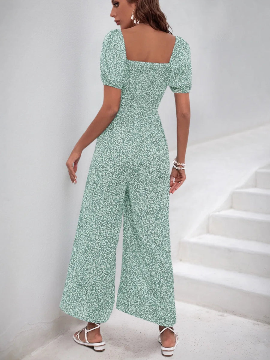 Printed Square Neck Puff Sleeve Jumpsuit - Easy Pickins Store