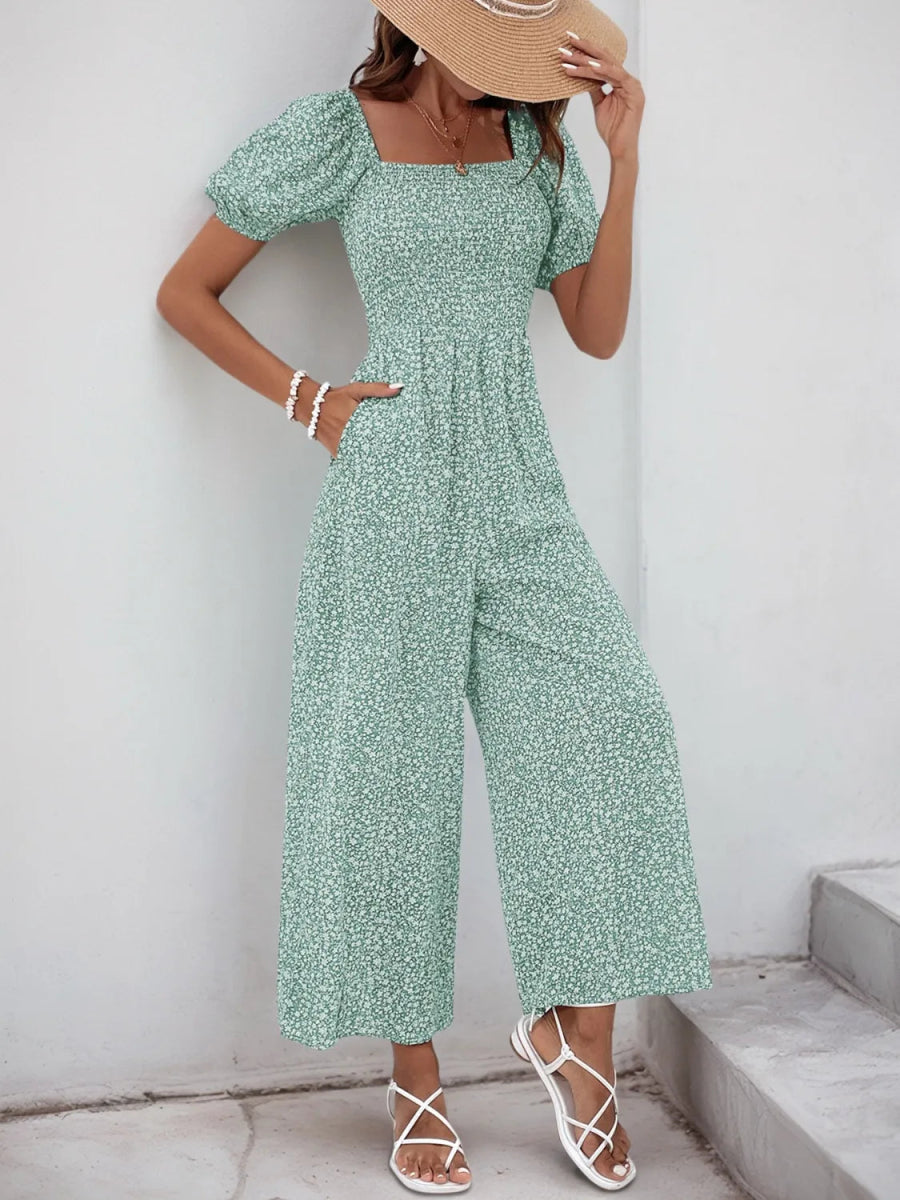 Printed Square Neck Puff Sleeve Jumpsuit - Easy Pickins Store