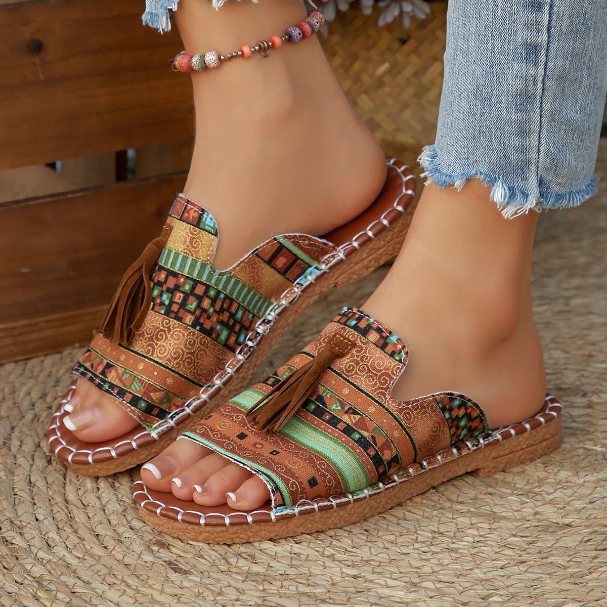 Printed Tassel Flat Sandals - Easy Pickins Store