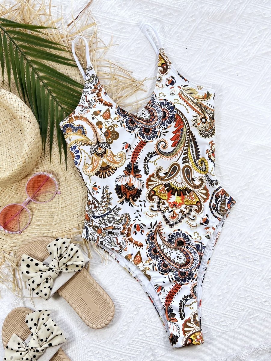 Printed Tie Back Scoop Neck One - Piece Swimsuit - Easy Pickins Store