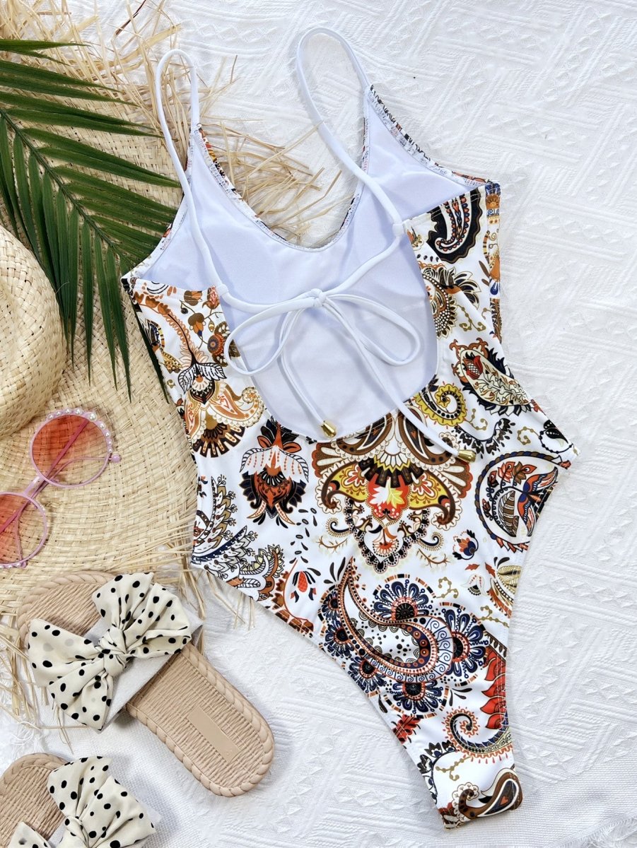 Printed Tie Back Scoop Neck One - Piece Swimsuit - Easy Pickins Store