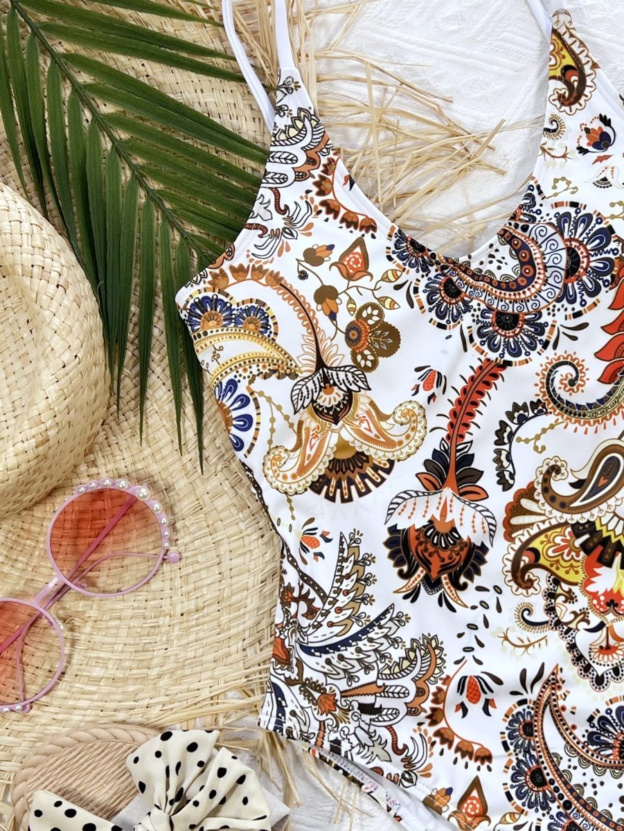Printed Tie Back Scoop Neck One - Piece Swimsuit - Easy Pickins Store