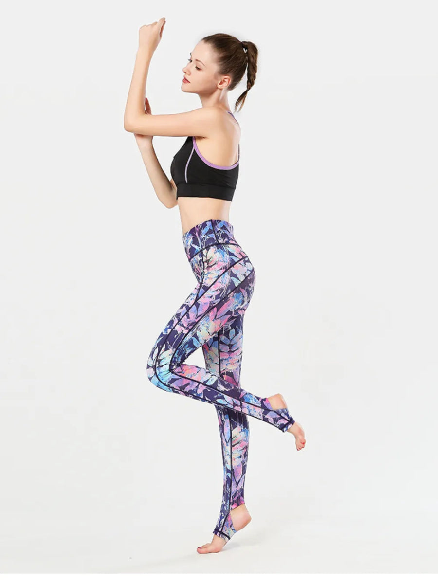 Printed Wide Waistband Active Leggings with Stirrups - Easy Pickins Store