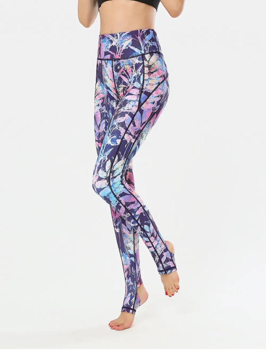 Printed Wide Waistband Active Leggings with Stirrups - Easy Pickins Store