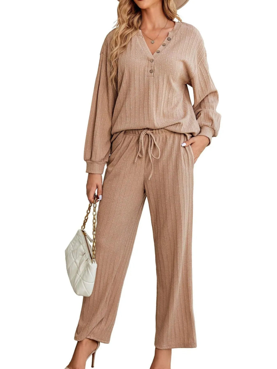Ribbed Knit Top and Pants Lounge Set with Button Detail - Easy Pickins Store