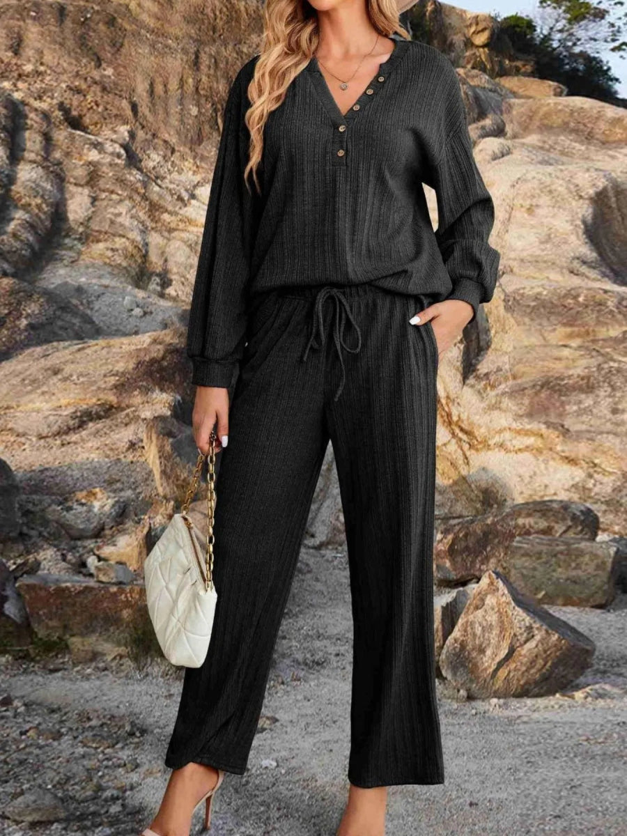 Ribbed Knit Top and Pants Lounge Set with Button Detail - Easy Pickins Store