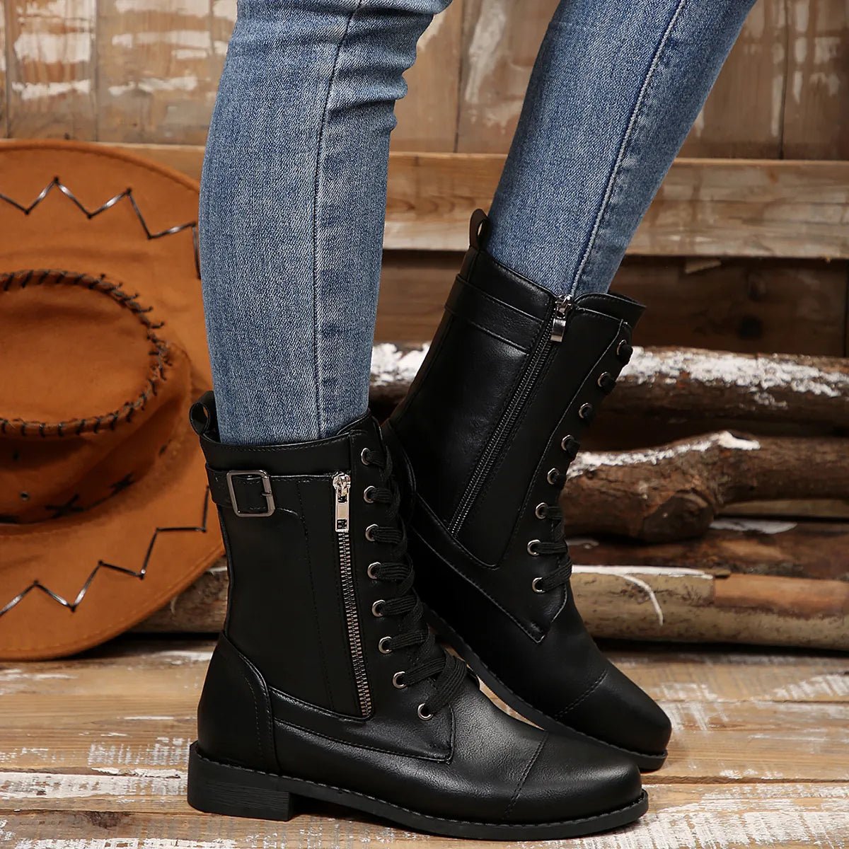 Round Toe Lace Up Block Heels Boots - Easy Pickins Store
