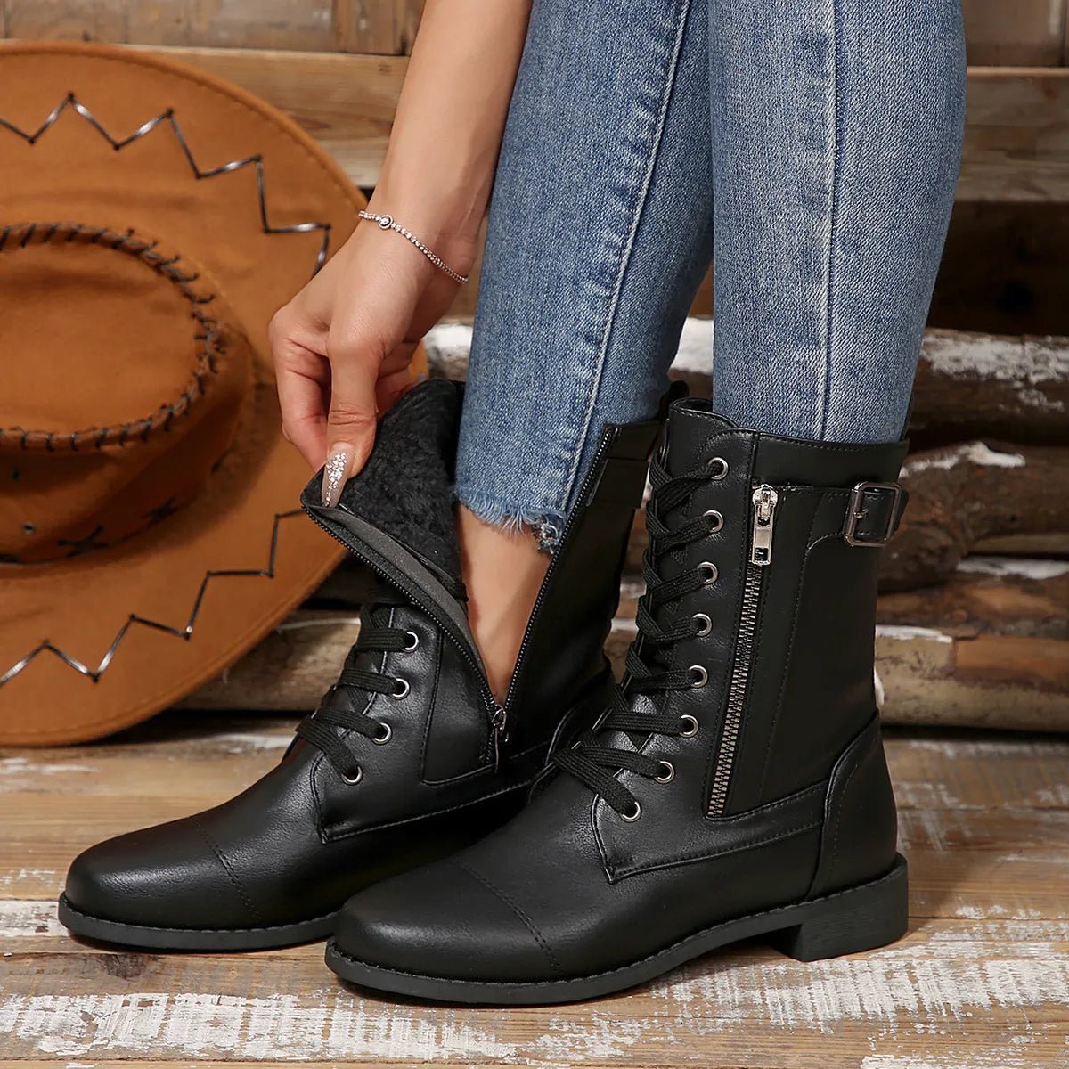 Round Toe Lace Up Block Heels Boots - Easy Pickins Store