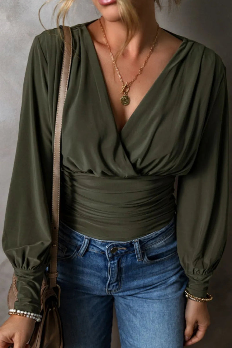Ruched Surplice Long Sleeve Bodysuit - Easy Pickins Store