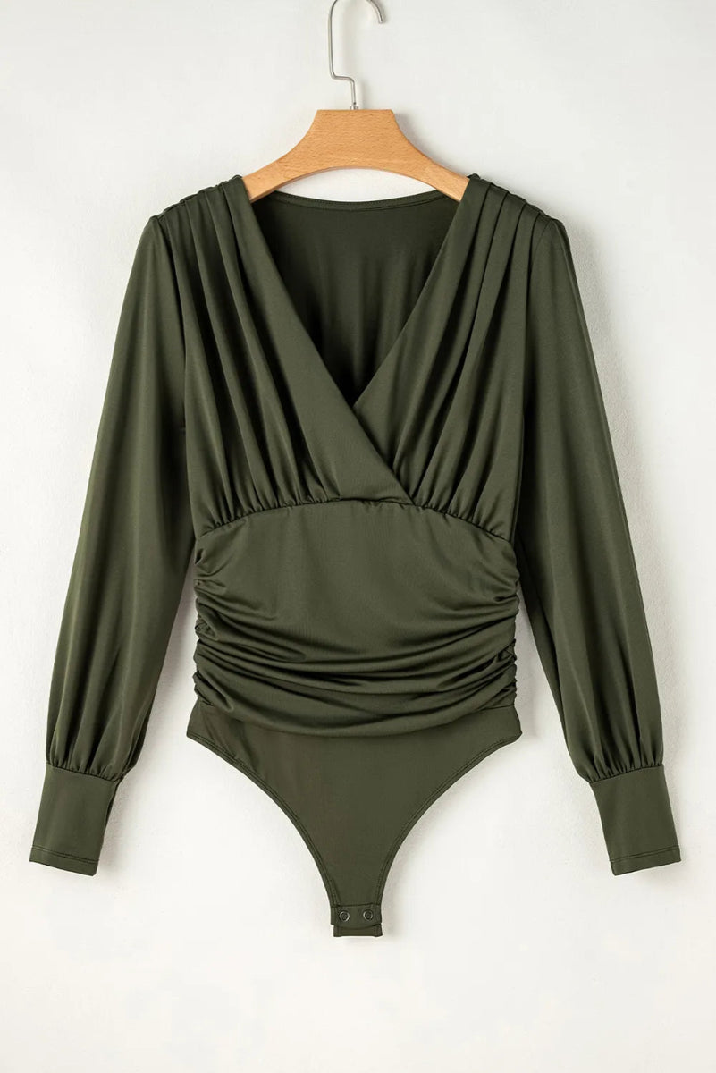 Ruched Surplice Long Sleeve Bodysuit - Easy Pickins Store
