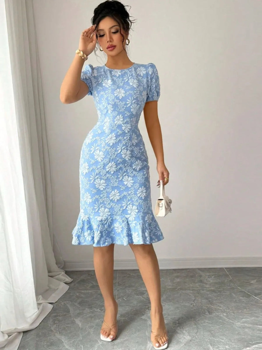 Ruffled Hem Flower Round Neck Short Sleeve Dress - Easy Pickins Store