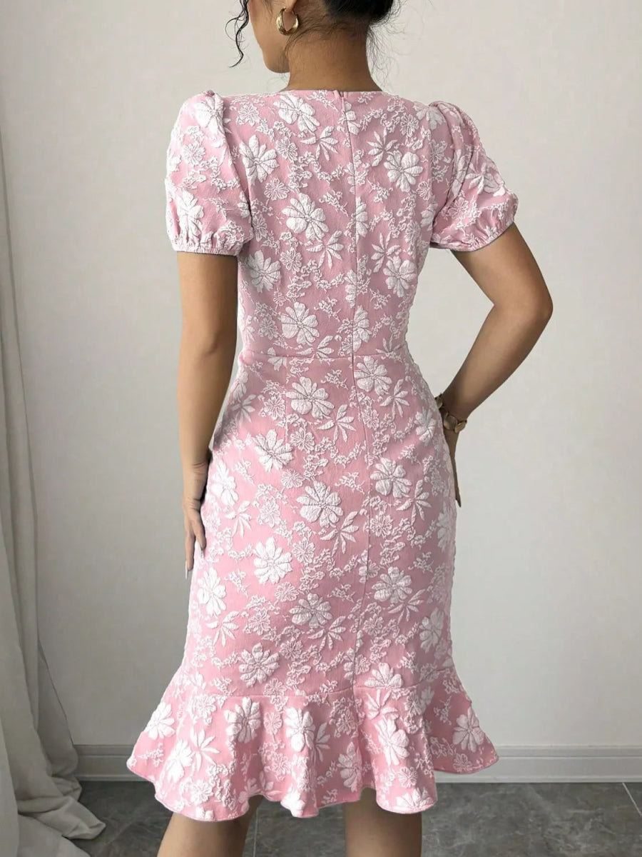 Ruffled Hem Flower Round Neck Short Sleeve Dress - Easy Pickins Store
