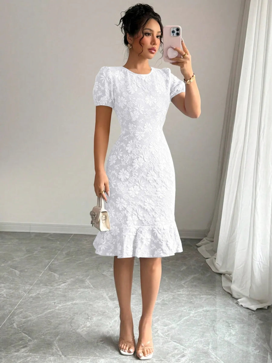 Ruffled Hem Flower Round Neck Short Sleeve Dress - Easy Pickins Store
