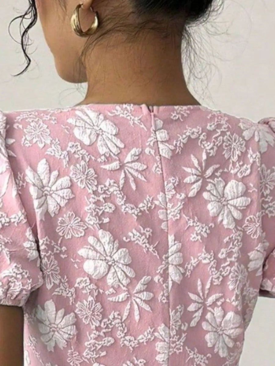 Ruffled Hem Flower Round Neck Short Sleeve Dress - Easy Pickins Store