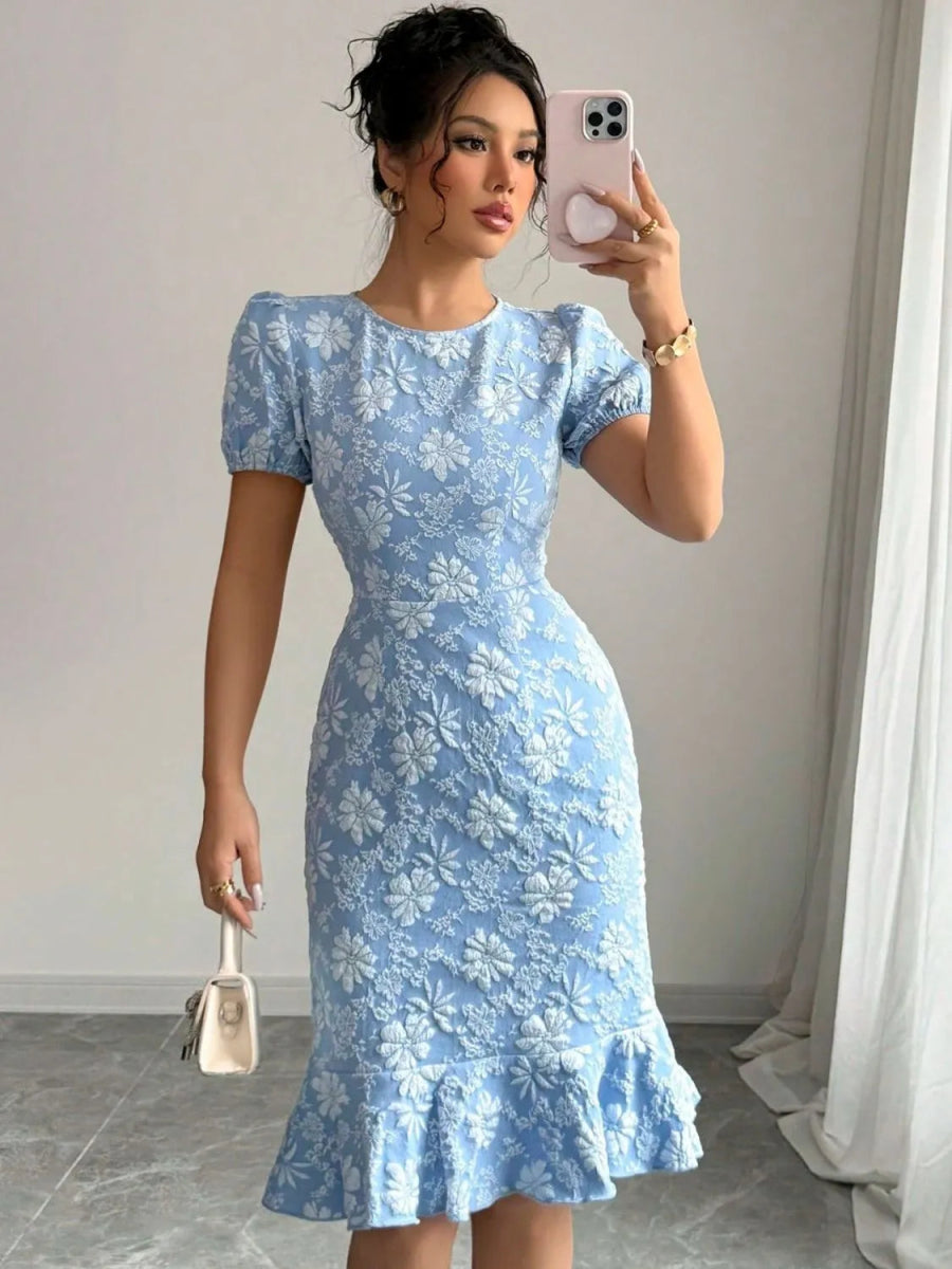 Ruffled Hem Flower Round Neck Short Sleeve Dress - Easy Pickins Store
