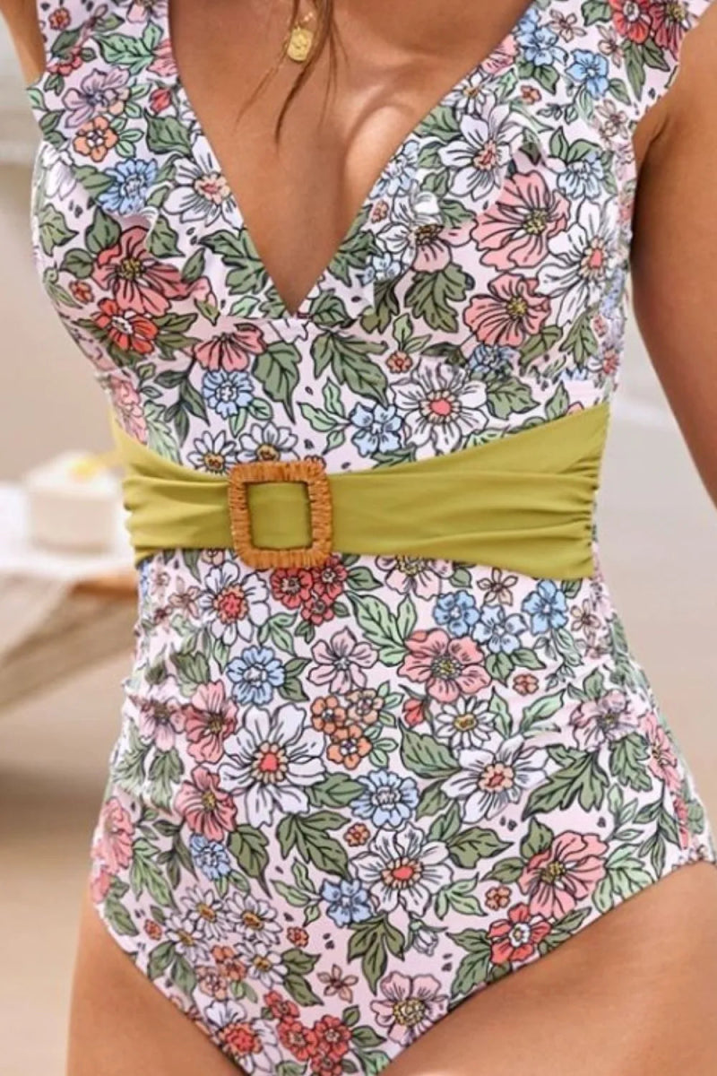 Ruffled Plunge Floral One - Piece Swimwear - Easy Pickins Store