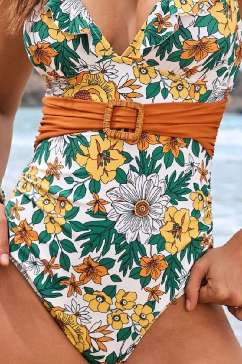 Ruffled Plunge Floral One - Piece Swimwear - Easy Pickins Store